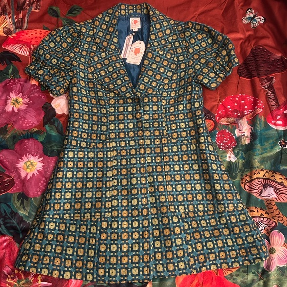 Tulle Jackets & Blazers - NWT Tulle Anthropologie Coat Dress in Geometric Green, Blue & Yellow Size XL